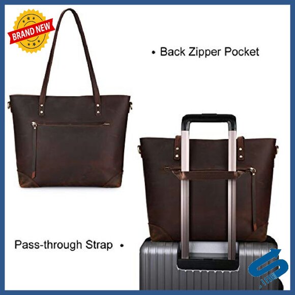 Large Genuine Leather Tote with Laptop Compartment & Adjustable Strap - Picture 4 of 8